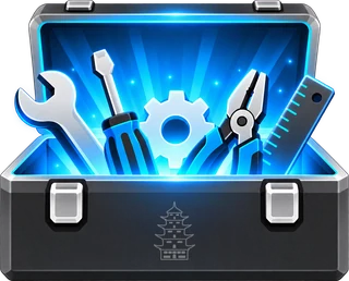 An open toolbox, glowing blue, with a spanner, screwdriver, gear, pliers and ruler